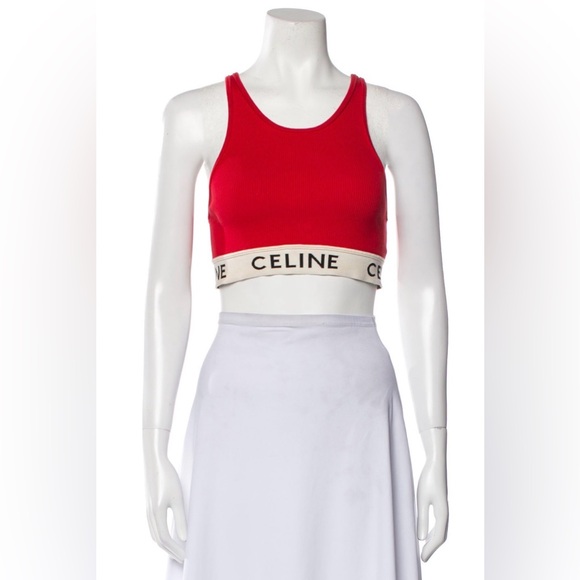 Celine Red Graphic Print Scoop Neck Crop Top Size S Logo Top - Picture 2 of 16